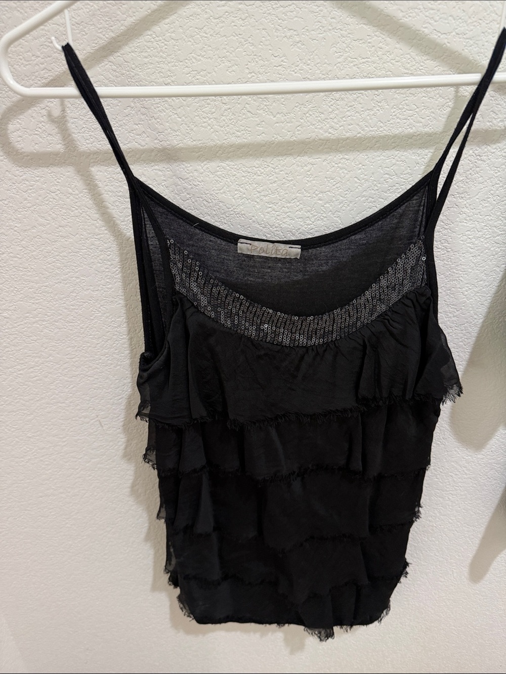 Stylish Black Ruffle silk Spaghetti Strap Top